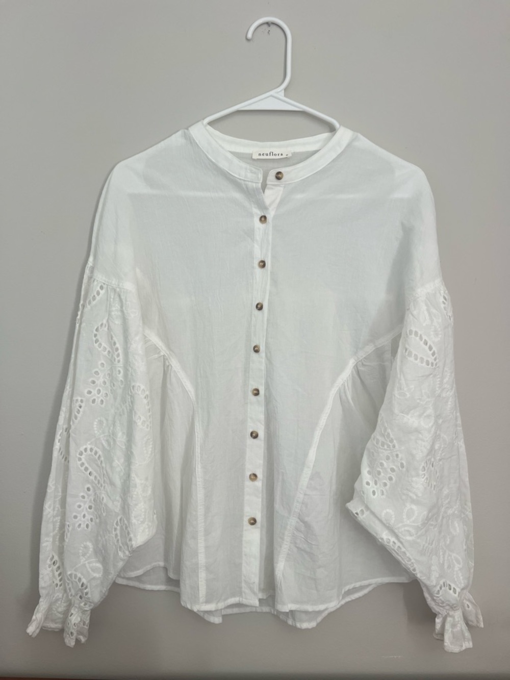 Neuflora Amelie Blouse - White Button Down - Eyelet Sleeve